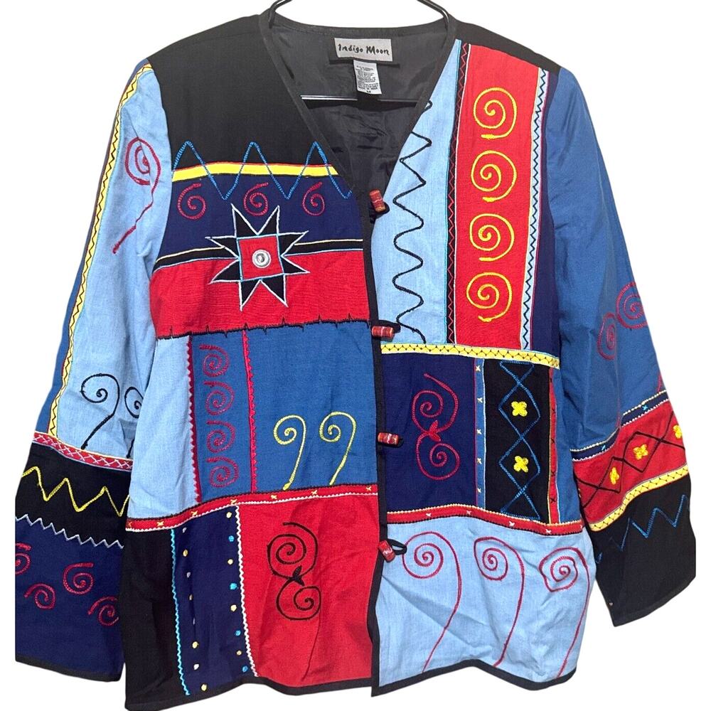 Indigo Moon Tapestry Jacket Flax Cotton blend Embroidery Patchwork artsy sz M